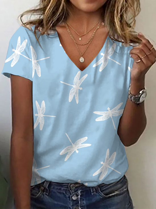 Women's Dragonfly Print Casual V-Neck Short Sleeve T-Shirt