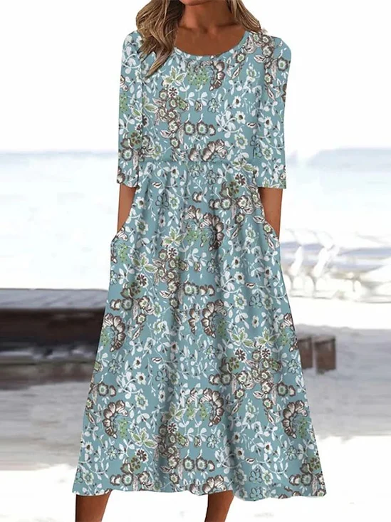 Women's Floral Print Round Neck Everyday Long Casual Shift Dress