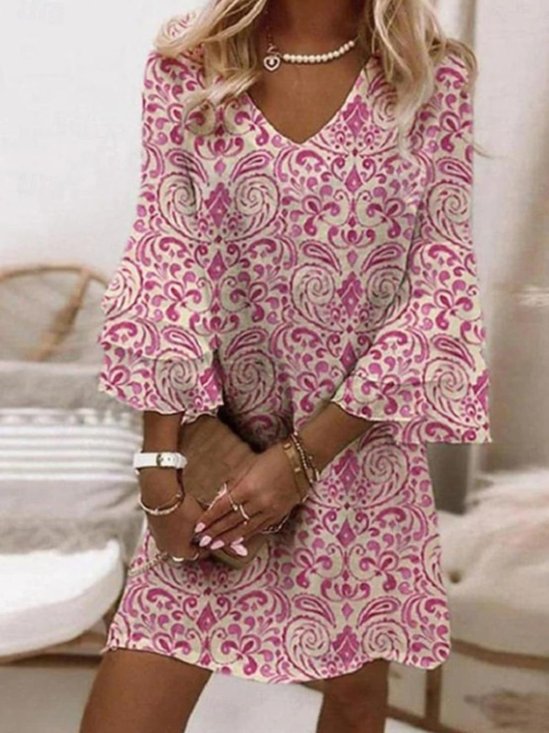 Regular Fit Floral V Neck Boho Dress With No
