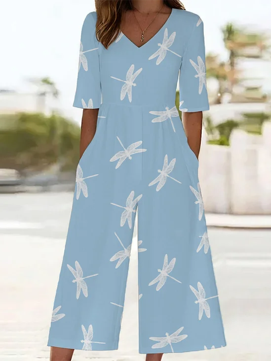 Women's H-Line V Neck Daily Going Out Casual Printing Dragonfly Summer Ankle Pants Jumpsuit Romper