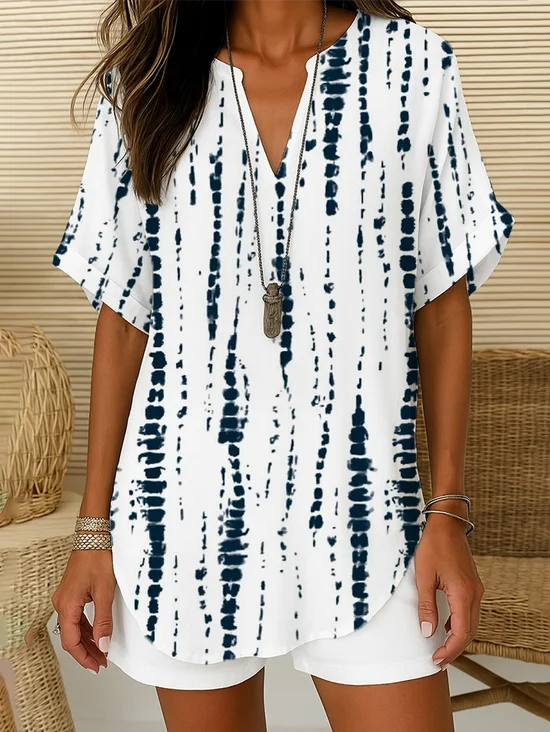 Women's Striped Printed Casual V-Neck Short Sleeve Shirt