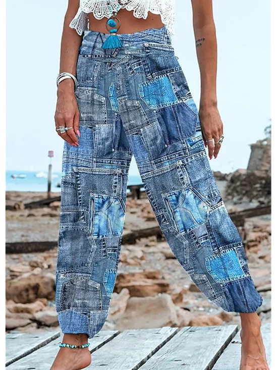 Loose Casual Faux Denim Print Graphic Pants