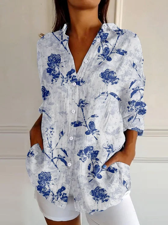 Shirt Collar Casual Long Sleeve Cotton-Blend Blouse