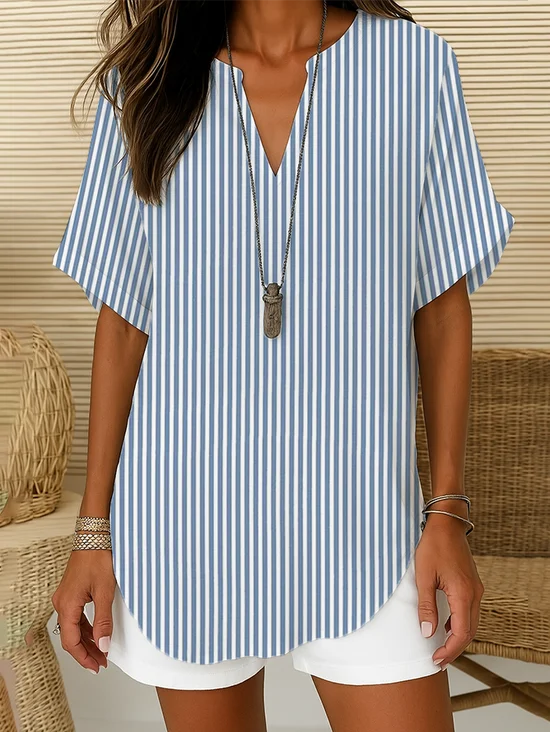 Women's Striped Printed Casual V-Neck Short Sleeve Shirt
