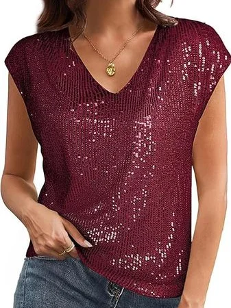 Women's Short Sleeve Sequins T-shirt Summer Wine Red Plain V Neck Party Going Out Casual Top