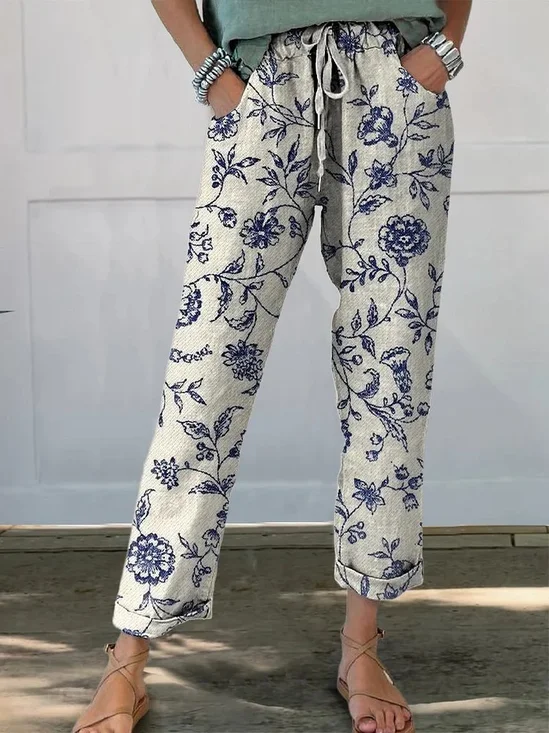 Women's Retro Floral Elegant Art Printed Cotton And Linen Casual Pants