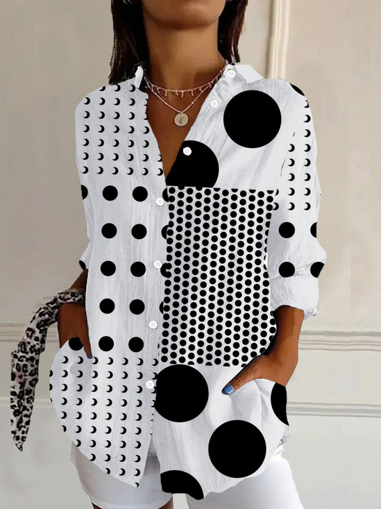 Women's Long Sleeve Shirt Spring/Fall White Polka Dots Buckle Shirt Collar Daily Going Out Casual Top