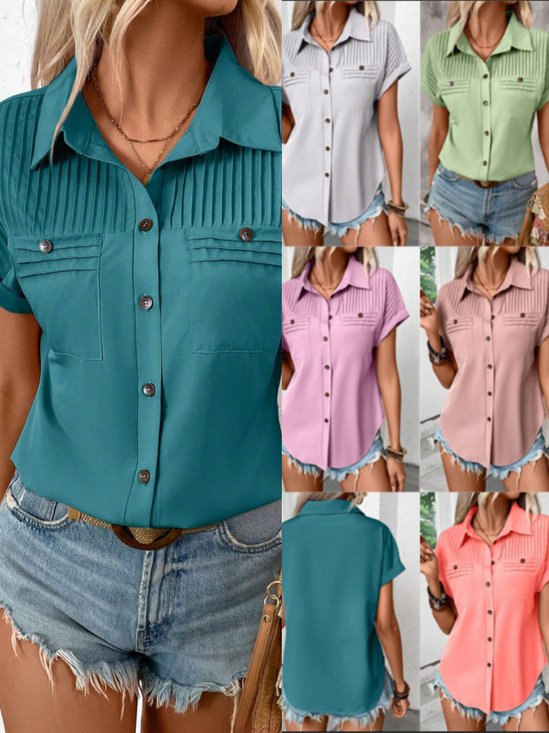 Women's Short Sleeve T-shirt Summer Blue Plain Shawl Collar Daily Going Out Casual Top