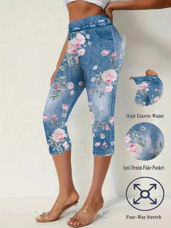 Faux Denim Print Graphic Casual Pants