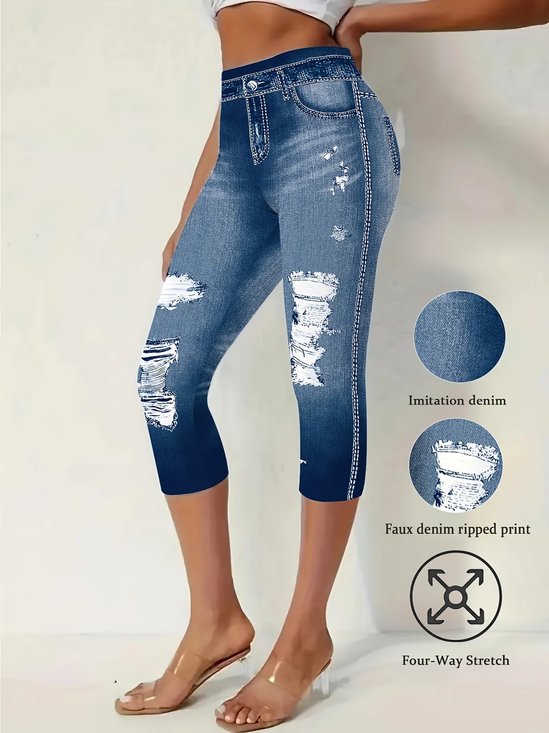 Faux Denim Print Graphic Casual Regular Fit Pants