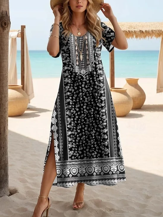Women's Artistic Floral Print Slit Long Dress