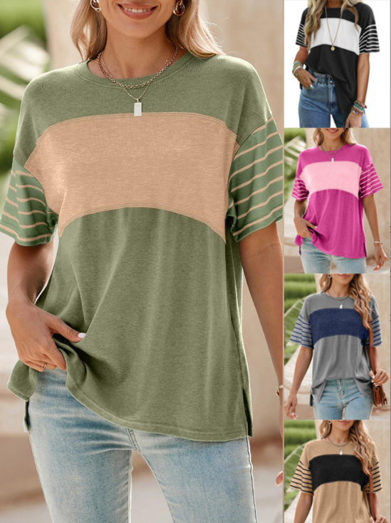 Women's Short Sleeve T-shirt Summer Green Striped Crew Neck Daily Going Out Casual Top