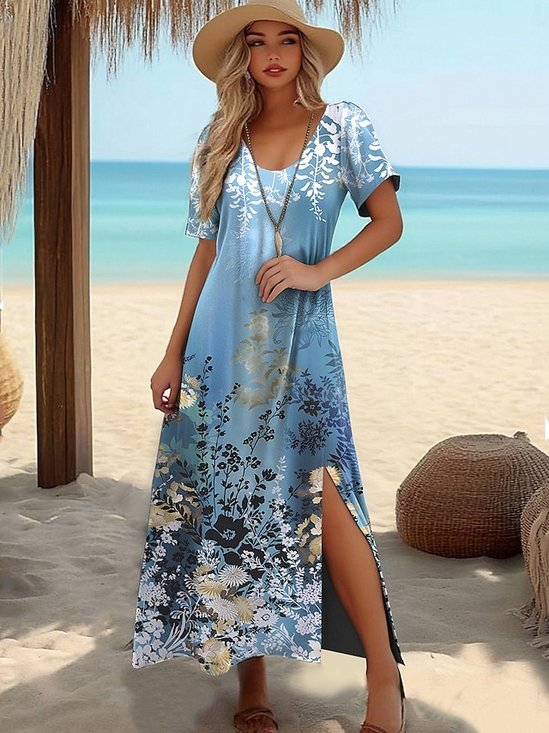 Women's Artistic Floral Print Slit Long Dress
