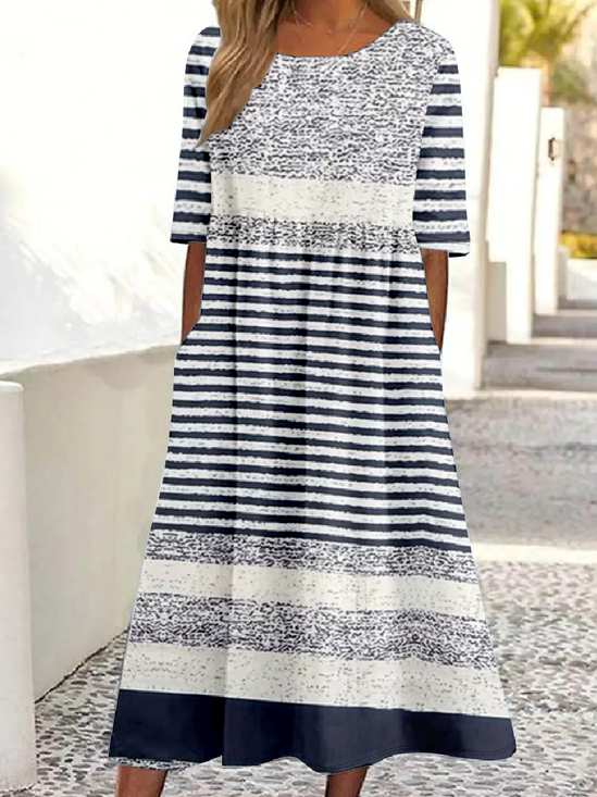 Striped Casual Crew Neck Dress With No