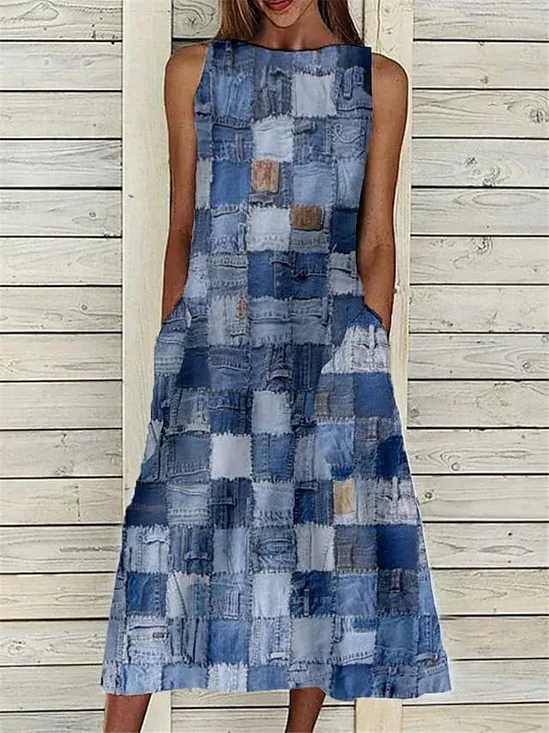 Women's Sleeveless Summer Blue Plaid Printing Crew Neck Daily Going Out Casual Maxi H-Line Fit & Flare Dress Dress