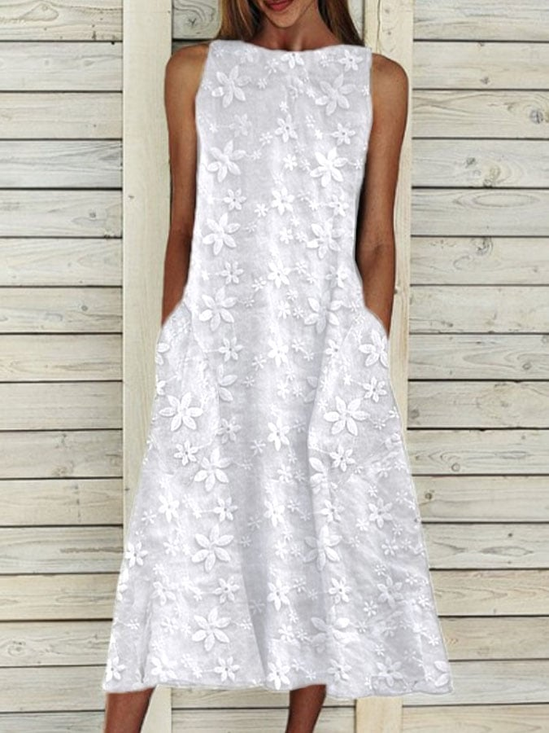 Women's Sleeveless Summer White Floral Printing Crew Neck Daily Going Out Casual Maxi H-Line Fit & Flare Dress Dress