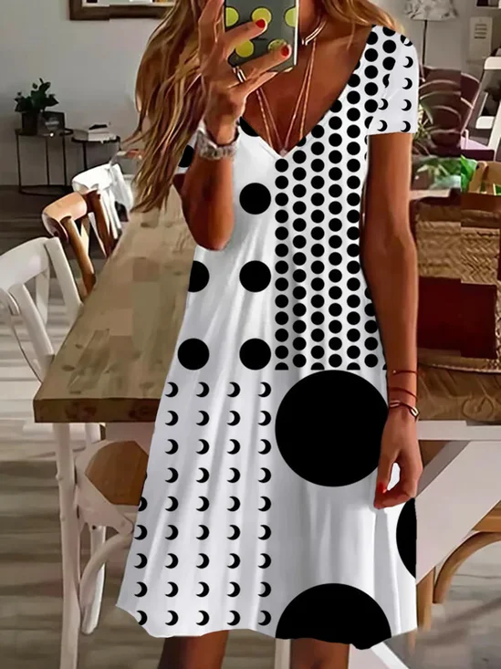 Women's Polka Dot Printed Casual V-Neck Short Sleeve Dress
