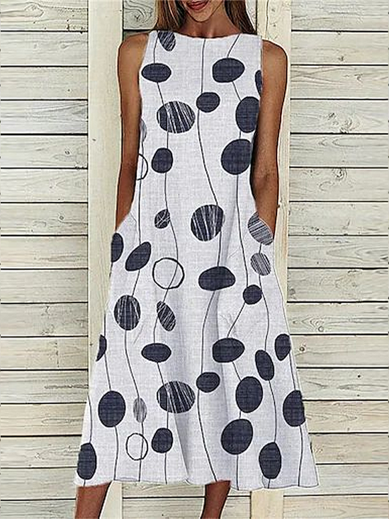 Women's Sleeveless Summer White Abstract Polka Dots Printing Crew Neck Daily Going Out Casual Maxi H-Line Fit & Flare Dress Dress