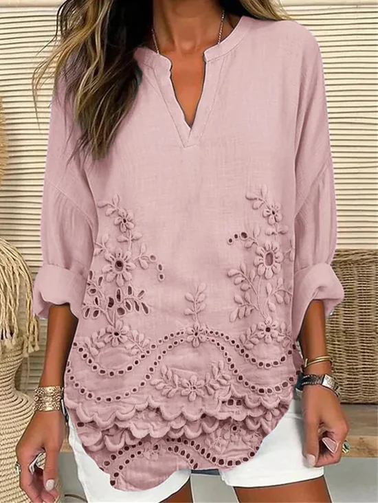 Cottage floral embroidery lace hem linen blend Shirt