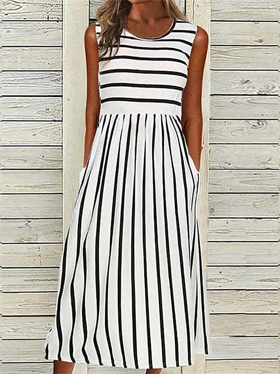 Women's Sleeveless Summer Black Striped Printing Crew Neck Daily Going Out Casual Maxi H-Line Fit & Flare Dress Dress