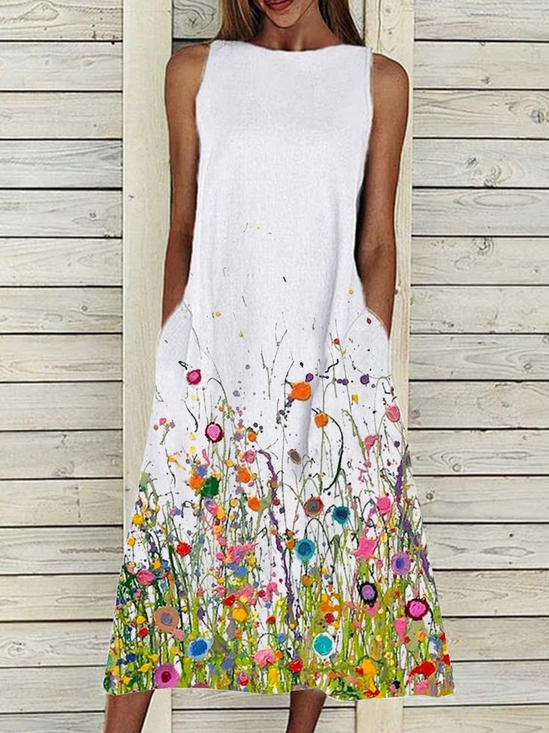 Women's Sleeveless Summer White Floral Printing Crew Neck Daily Going Out Casual Maxi H-Line Fit & Flare Dress Dress
