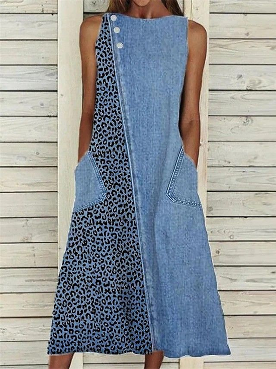 Women's Sleeveless Summer Blue Faux Denim Print Graphic Printing Crew Neck Daily Going Out Casual Maxi H-Line Fit & Flare Dress Dress
