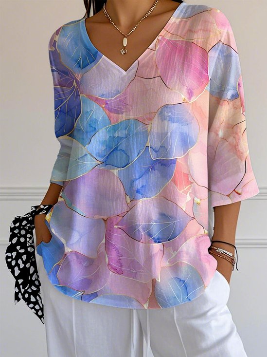 Casual V Neck Loose Leaf T-Shirt