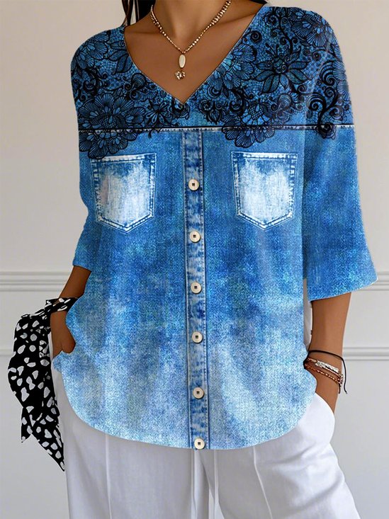 Faux Denim Print Graphic V Neck Casual Loose T-Shirt