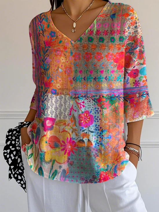 Vintage Printed Mid Sleeve V-Neck T-Shirt