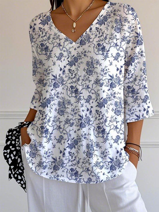 Loose Casual Floral V Neck T-Shirt