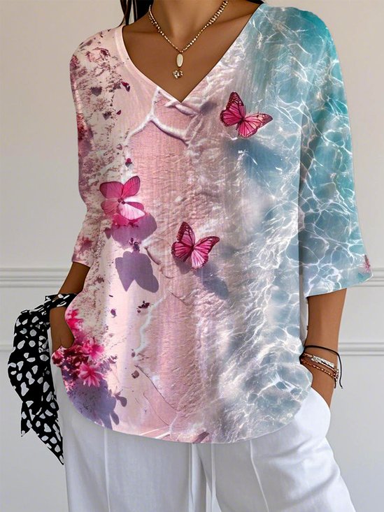 Loose V Neck Gradient Pattern Casual T-Shirt