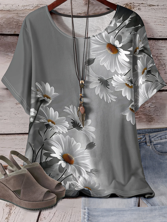 Women's Short Sleeve T-shirt Summer Gray Floral Printing Crew Neck Daily Going Out Casual Top