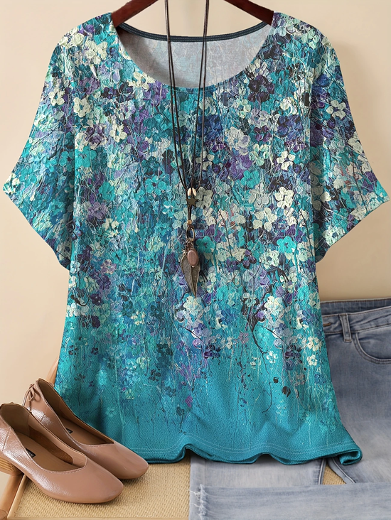 Women's Short Sleeve T-shirt Summer Blue Floral Printing Crew Neck Daily Going Out Casual Top