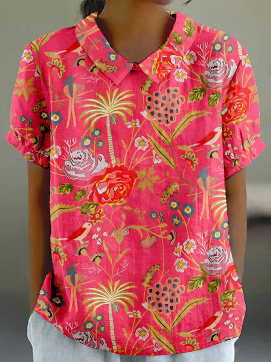 Floral Loose Shawl Collar Vintage T-Shirt