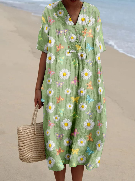 Cotton-Blend Loose Vintage Butterfly Dress With No