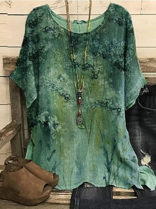 Women's Short Sleeve T-shirt Summer Green Floral Printing Crew Neck Daily Going Out Casual Top