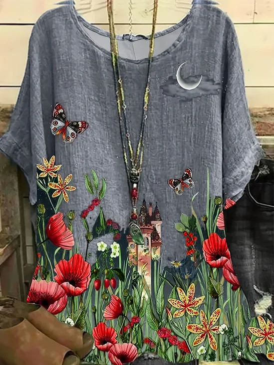 Women's Short Sleeve T-shirt Summer Gray Floral Printing Crew Neck Daily Going Out Casual Top