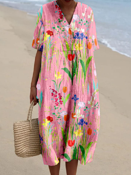 Boho Floral Cotton-Blend V Neck Dress With No