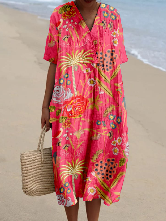 Tropical Casual V Neck Loose Dress With No