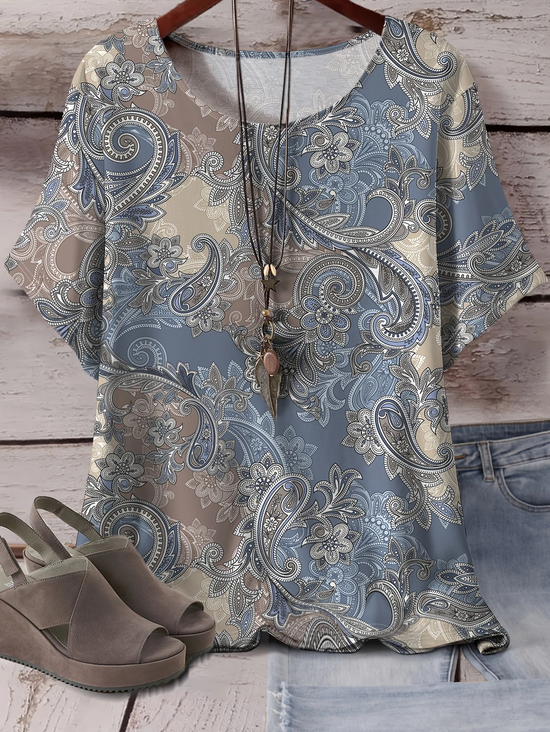 Women's Short Sleeve T-shirt Summer Blue Floral Printing Crew Neck Daily Going Out Casual Top