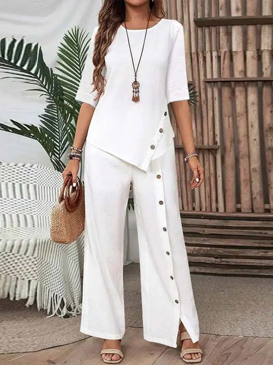 Casual Plain Crew Neck Two-Piece Set