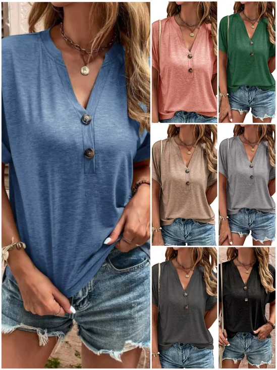 Women's Short Sleeve T-shirt Summer Blue Plain Cotton V Neck Daily Going Out Casual Top