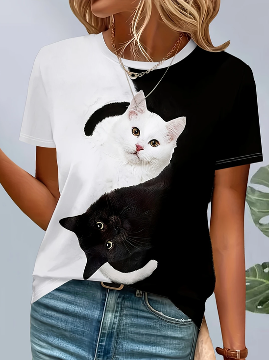 Women's Cat Print Casual Round Neck Short Sleeve T-Shirt