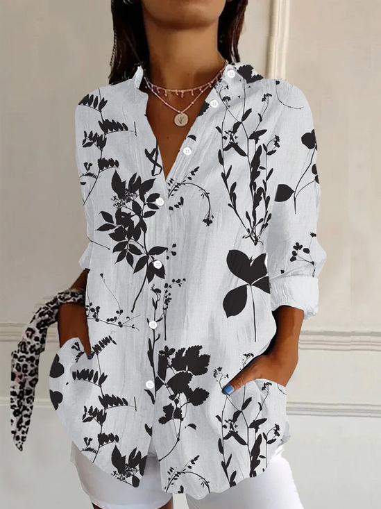 Women's Long Sleeve Shirt Spring/Fall White Floral Buckle Shirt Collar Daily Going Out Casual Top