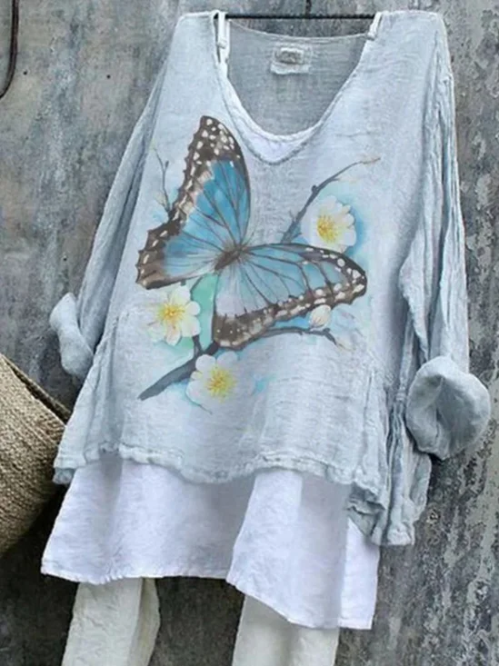 Butterfly Cotton V Neck Casual T-Shirt