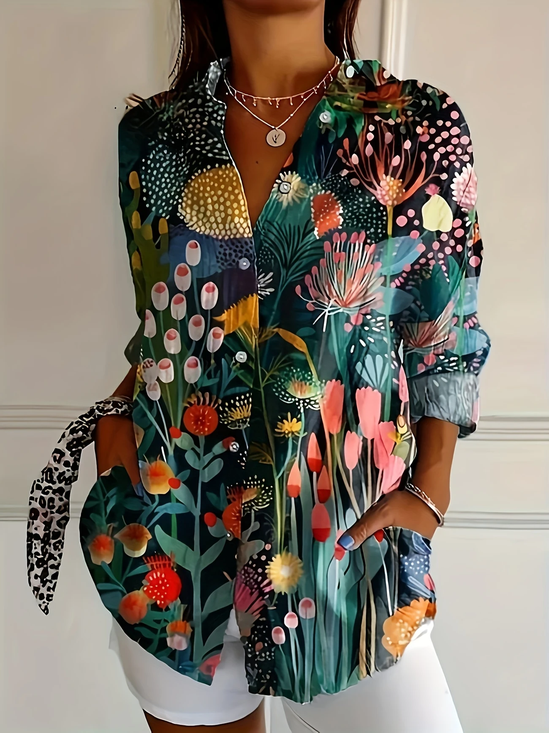 Women's Long Sleeve Shirt Spring/Fall As Picture Floral Buckle Shirt Collar Daily Going Out Casual Top