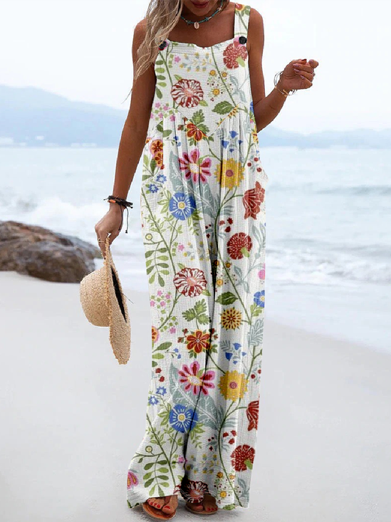 Linen Blend Floral Casual Jumpsuit