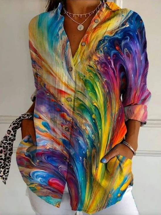 Women's Long Sleeve Shirt Spring/Fall As Picture Abstract Buckle Shirt Collar Daily Going Out Casual Top