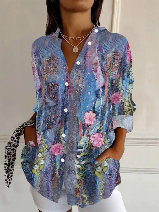 Women's Long Sleeve Shirt Spring/Fall Purple Floral Buckle Shirt Collar Daily Going Out Casual Top