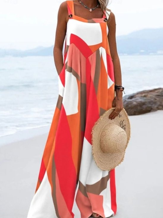 Regular Fit Cotton And Linen Vacation Multicolor Block Jumpsuit